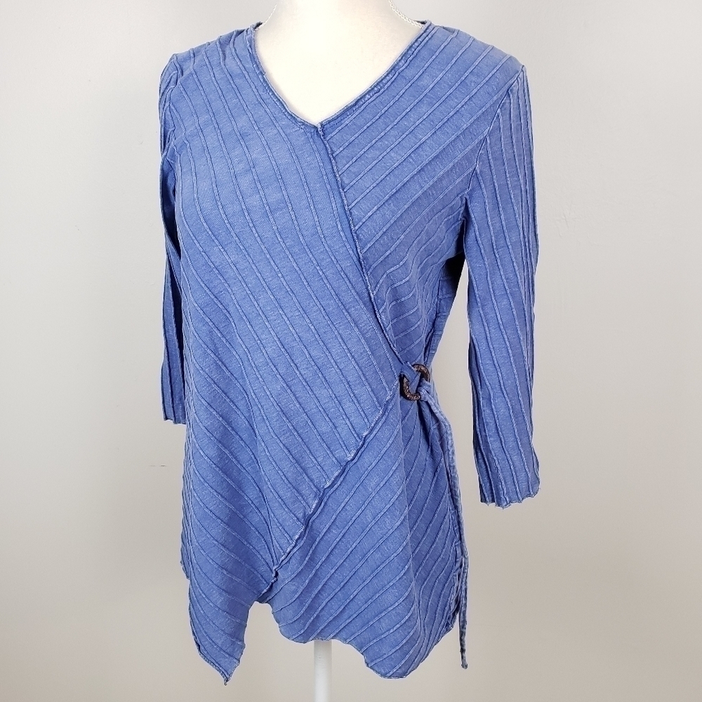 ORVIS Chambray Blue Cotton Knit Faux Wrap Top VGUC